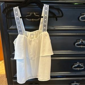 J.Crew embroidered strap white tiered tank top. Size 8